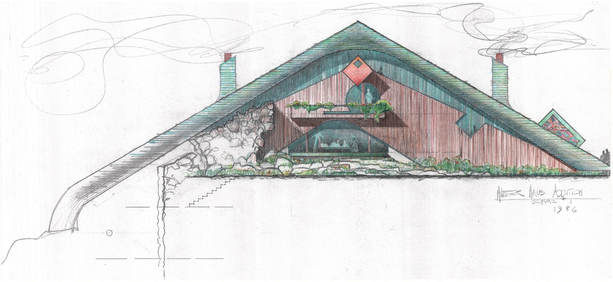Hunter House - Phase II, Scheme I [Coloured] (HH-CAA-0015) — drawing, Canadian Architectural Archives