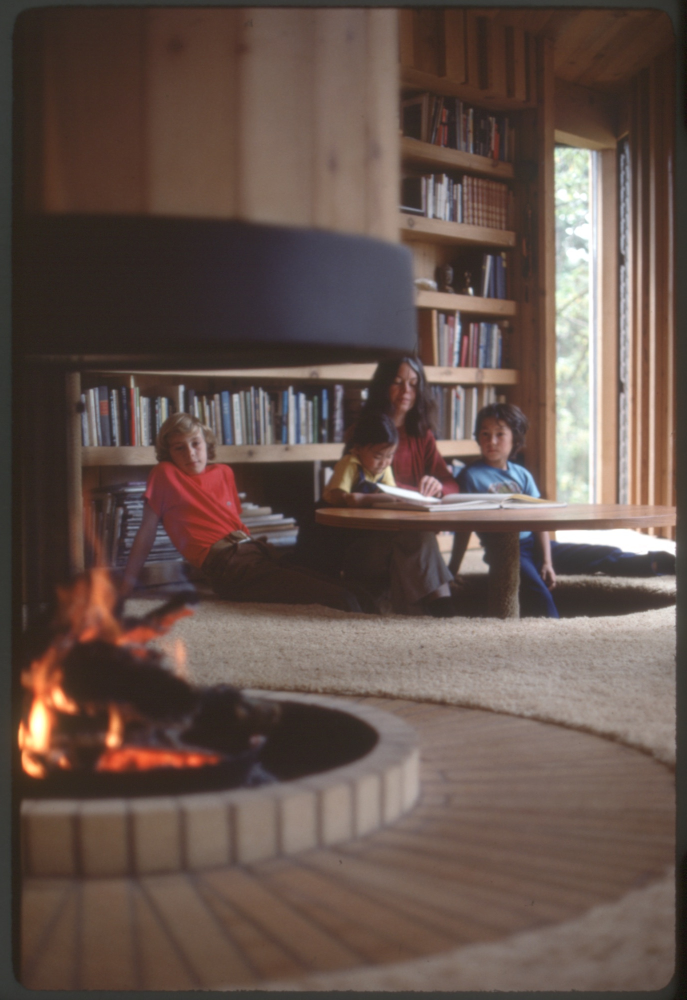 Hunter House, Living Room, Dining Room, Kotatsu — Frances and 3 Children (HH-CAA-0034) — photograph, Canadian Architectural Archives