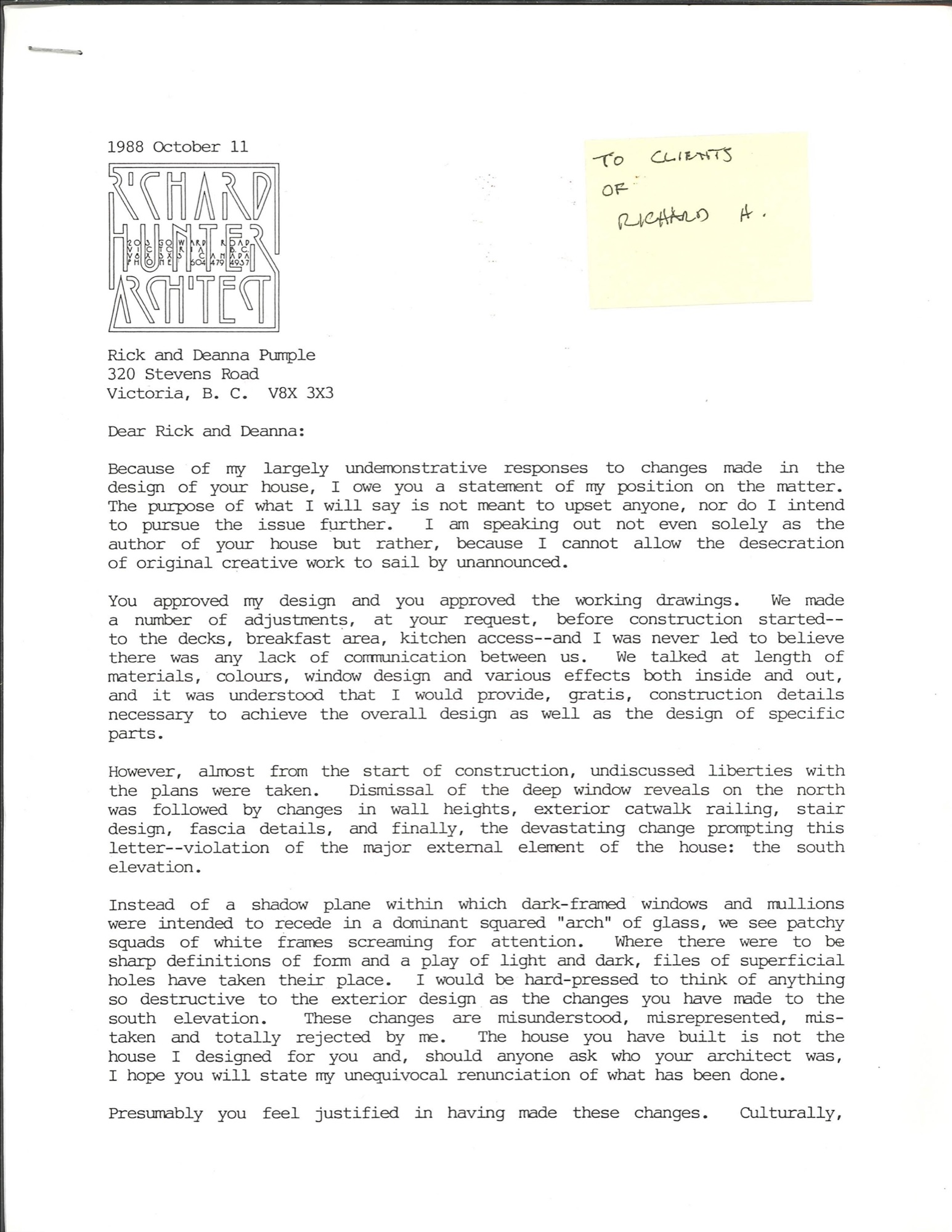 Richard Hunter to Rick and Deanna Purple, 11 October 1988 (HH-CAA-0036) — letter, Canadian Architectural Archives