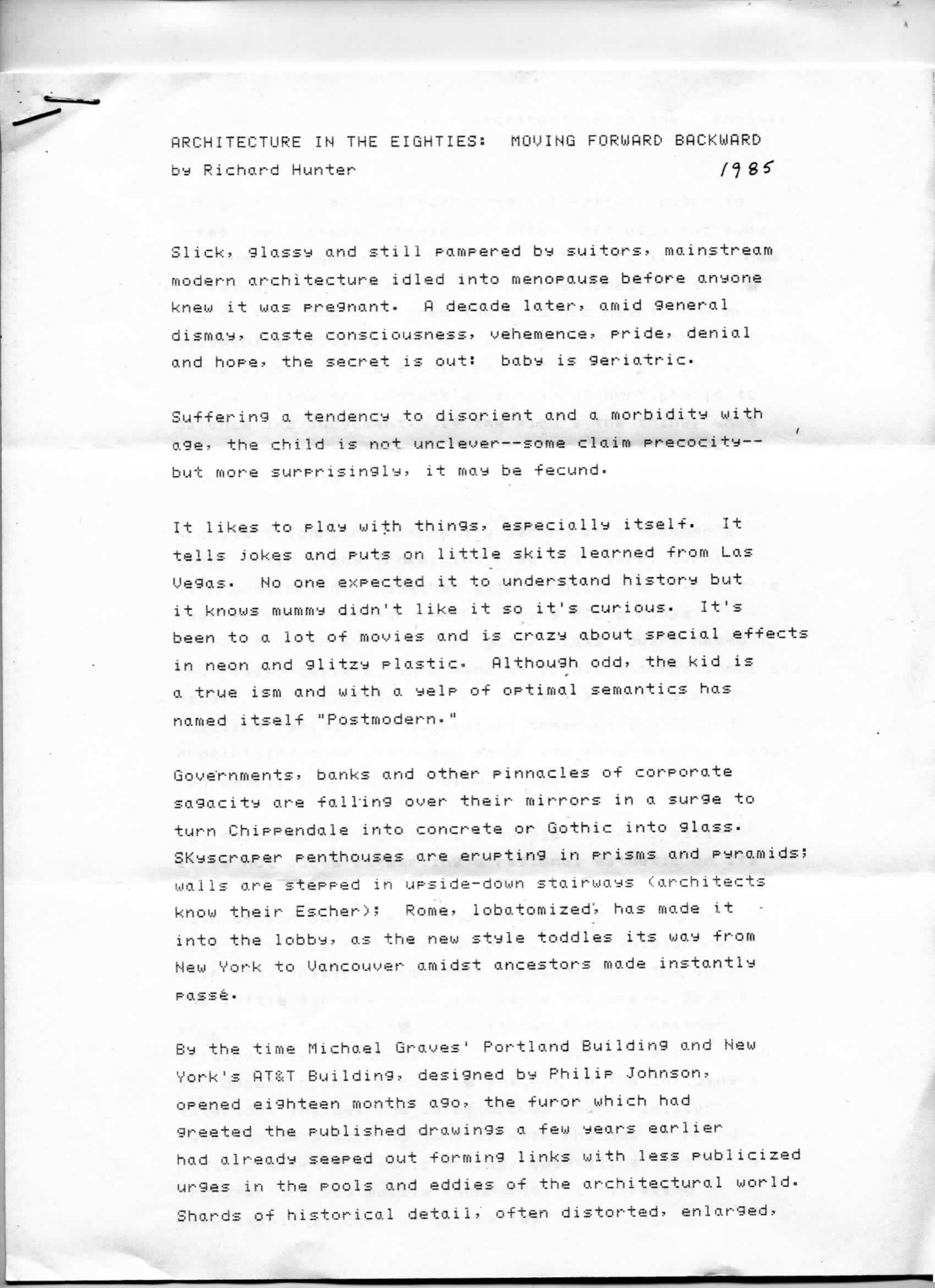 Architecture in the Eighties: Moving Forward Backward (HH-FRH-0053) — essay, Frances Hunter Collection