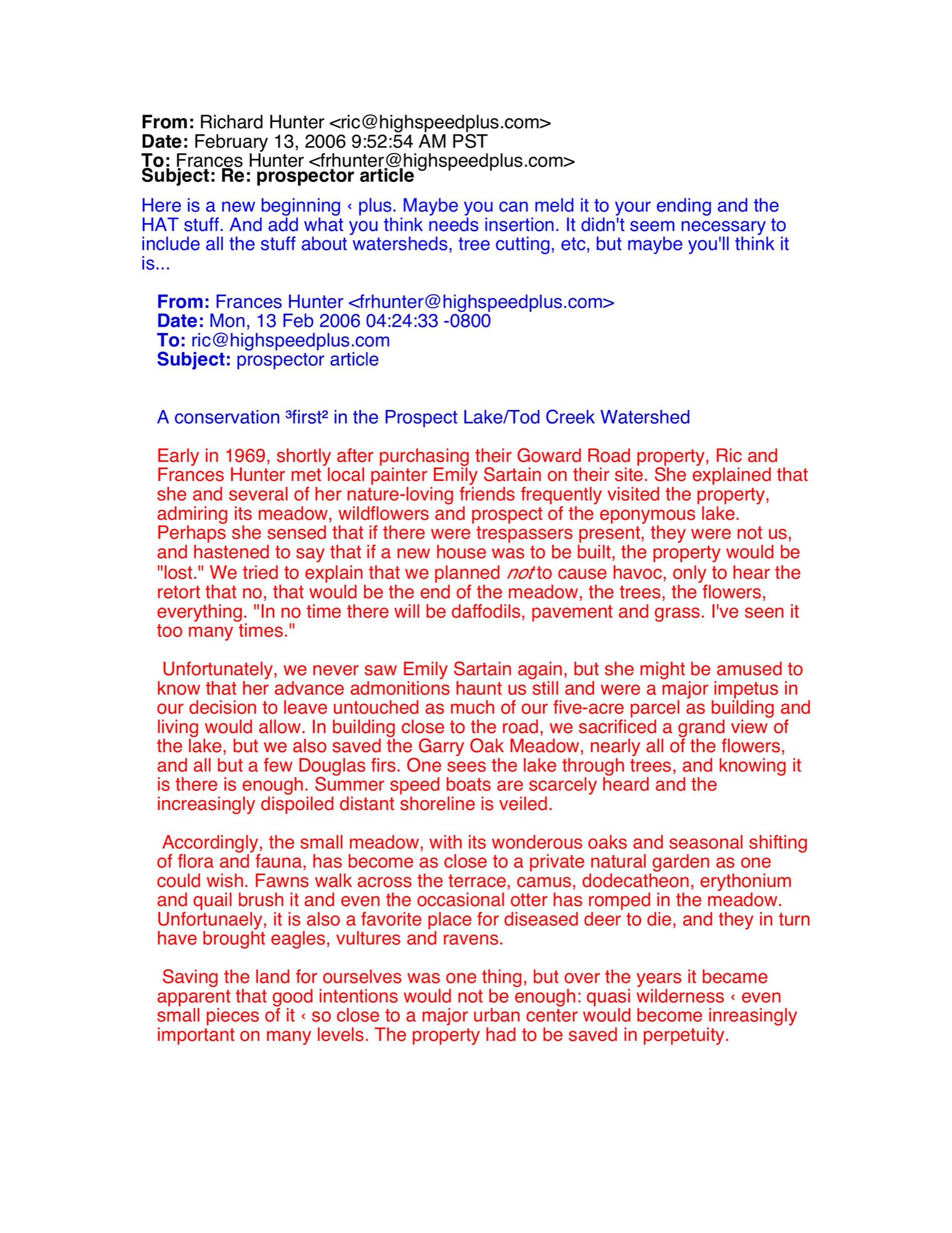 Prospector Article — Email Exchange (HH-FRH-0056) — letter, Frances Hunter Collection