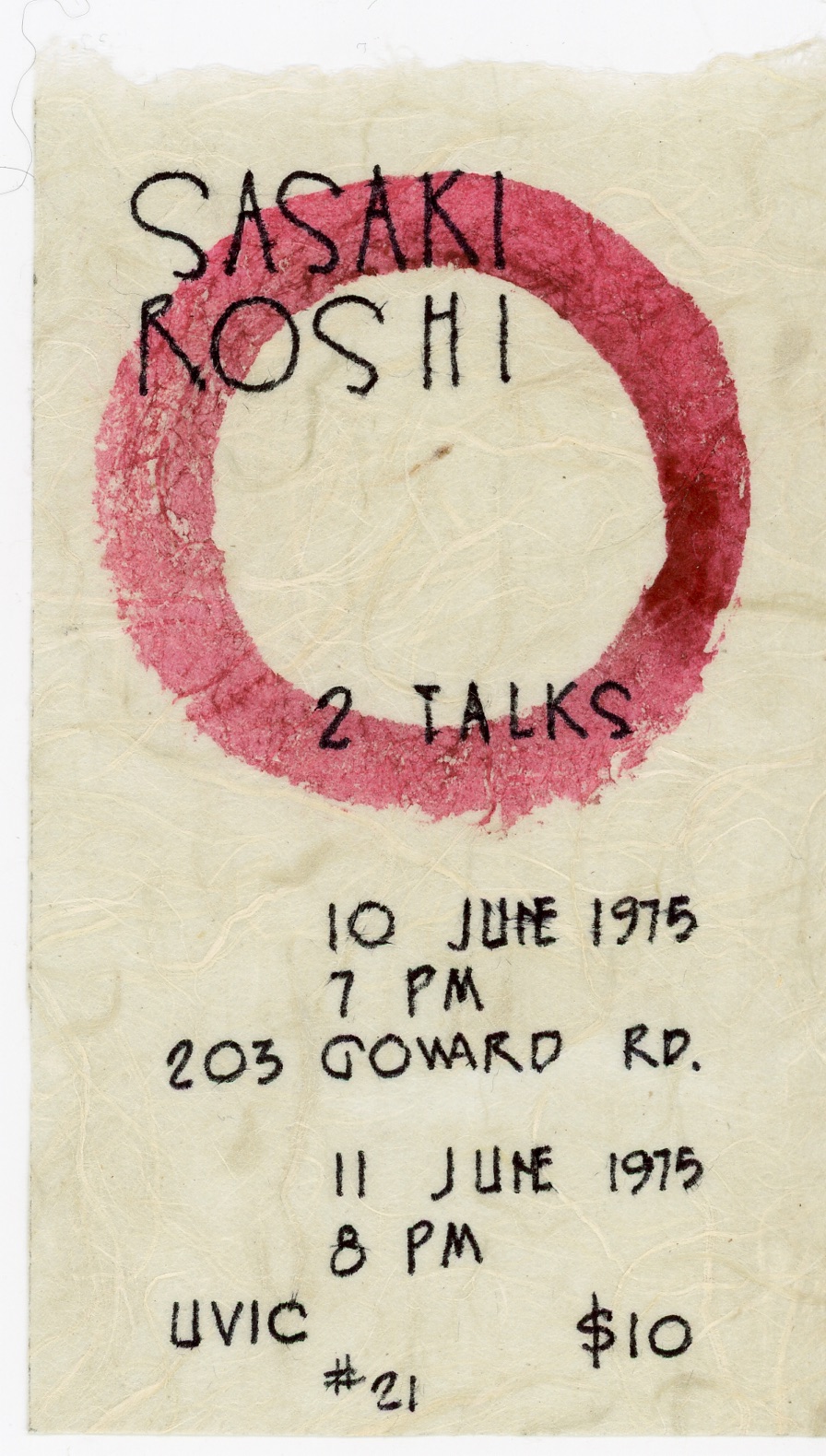 Sasaki Roshi Two Talks Flyer (HH-FRH-DOC-01) — flyer, Frances Hunter Collection