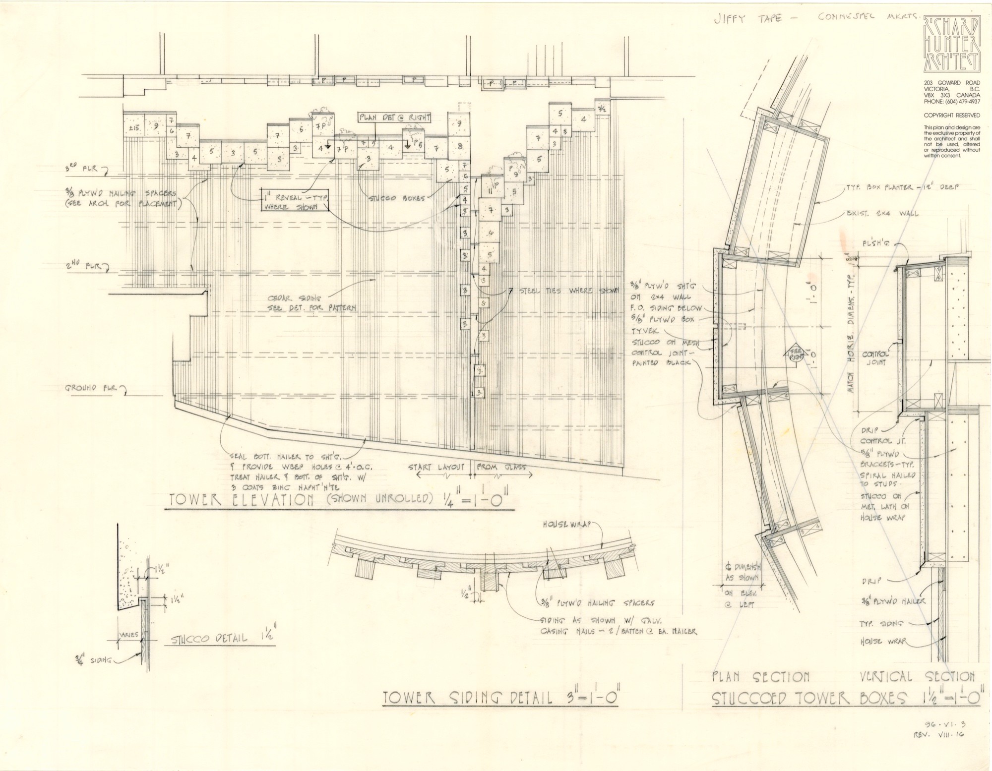 Tower Elevation, Siding Detail, Stucco Box Detail (HH-HHC-0025) — drawing, Hunter House Collection