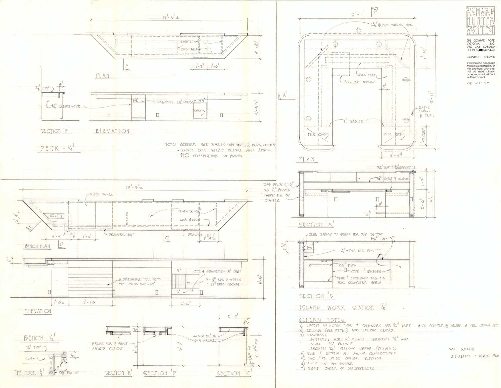 West Wing Studio, Island Work Station (HH-HHC-0033) — drawing, Hunter House Collection