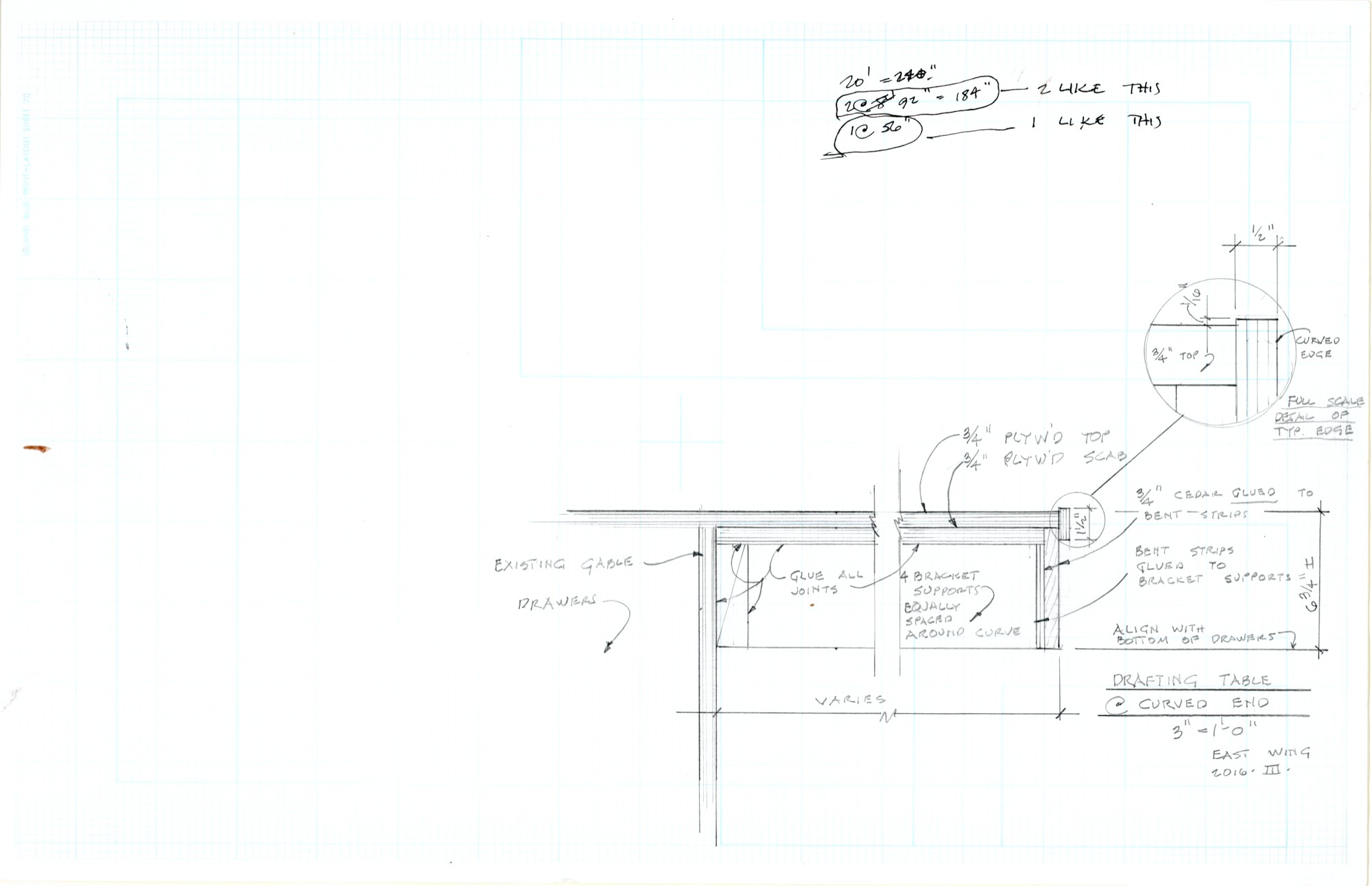 Drafting Table at Curved End (HH-HHC-0074) — drawing, Hunter House Collection