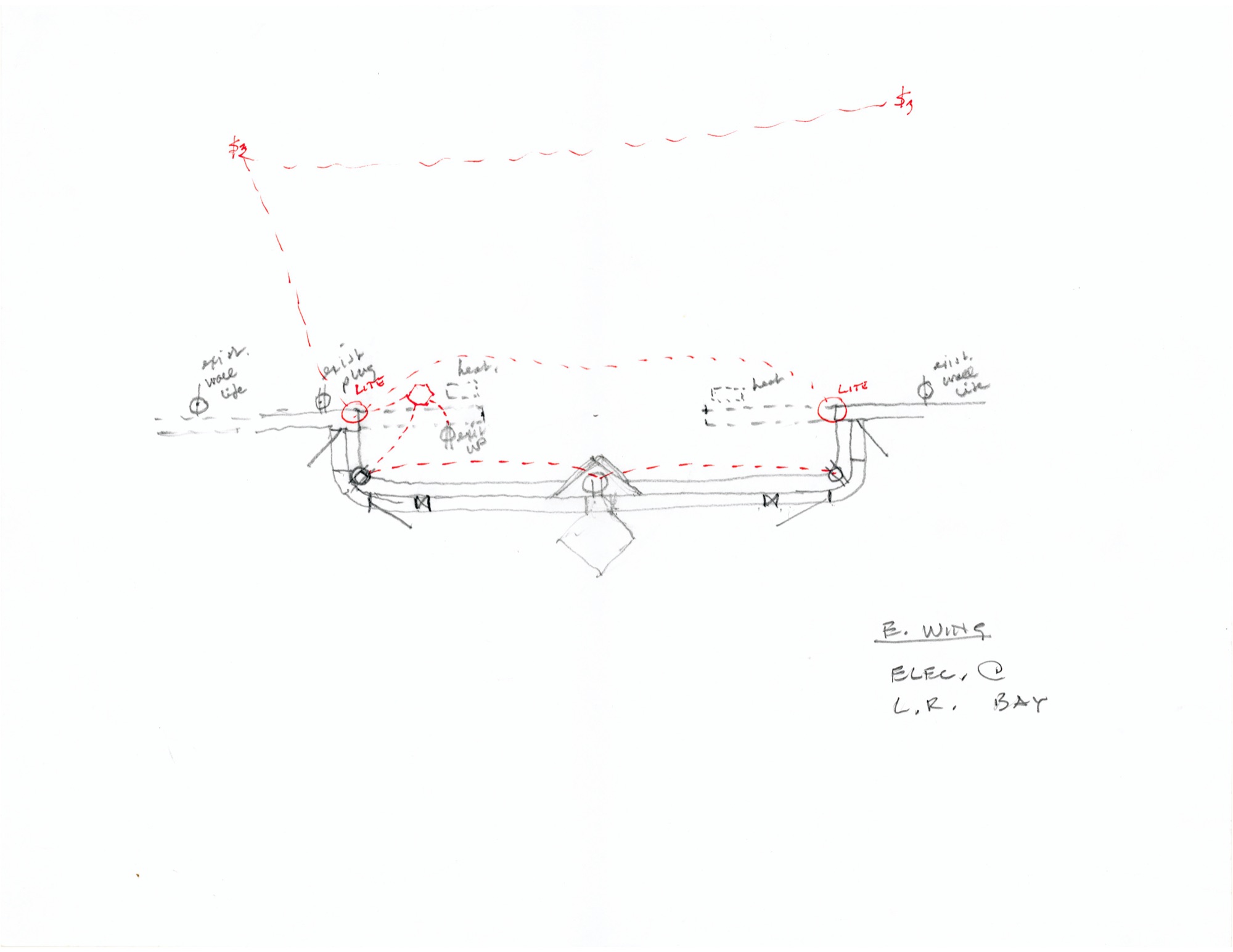 East Wing, Electrical at Living Room Bay (HH-HHC-0108) — drawing, Hunter House Collection